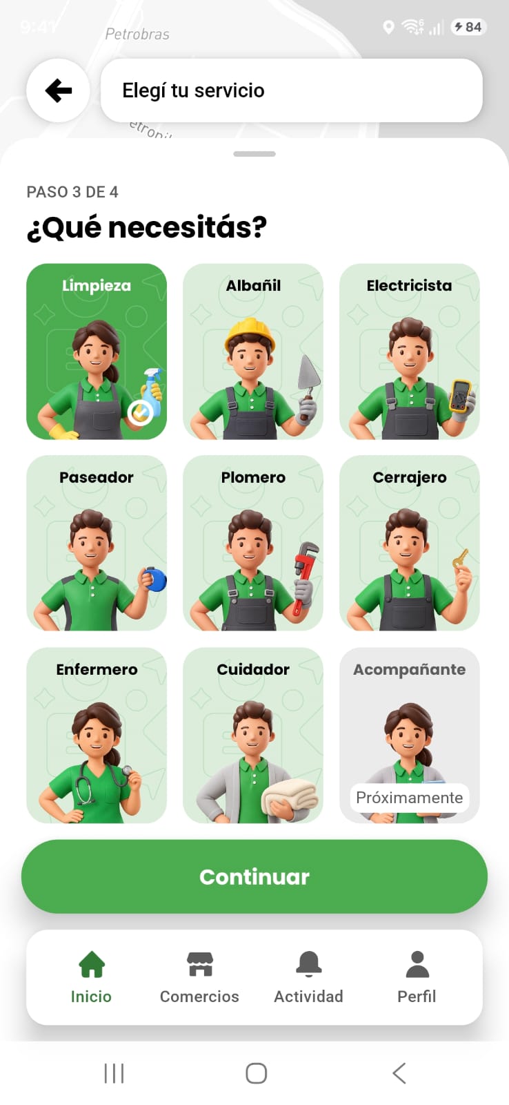 Pantalla de la app Chambito: elegí tu servicio